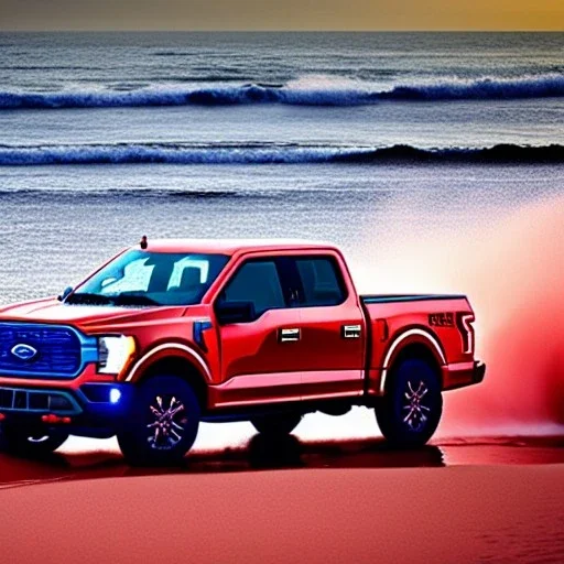 Ford F150 Hydro Blue 2022 Truck on a Red Sand Beach at sunset