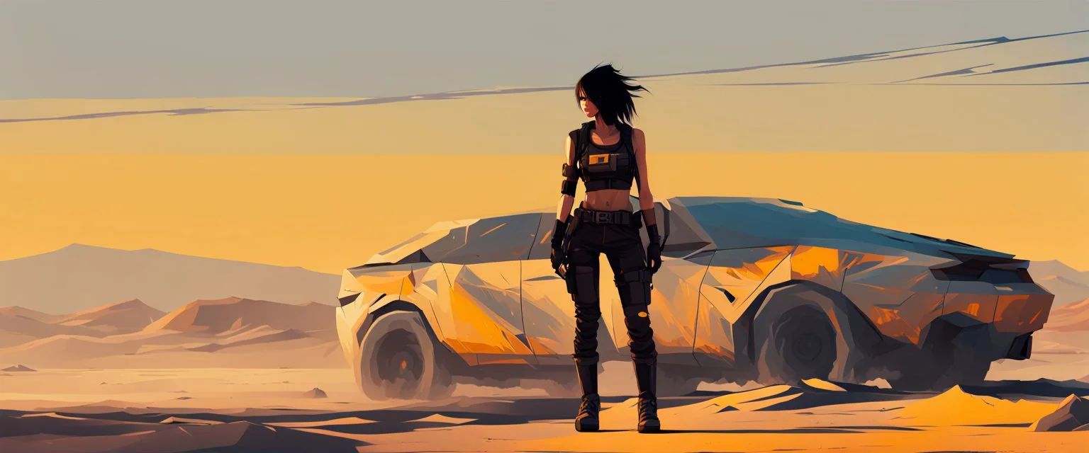 a grumpy cyberpunk girl standing in overdrive in the Mojave desert, side view, impasto, minimal, splash art, wide angle, centered, distant horizon, spacious scene, harsh contrasts, scattered tint leaks, sparse thick brushstrokes, glitch noise (zigzag destroy:1.8), warm colors of sand yellow, beige, orange and black