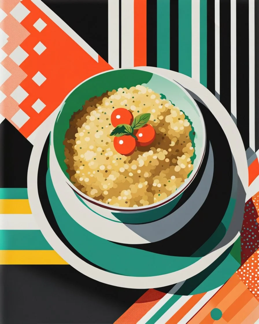 collage, risograph, a bowl of risotto, semi-overhead view, halftone pattern, modern design stylized, acrylic and ink, tint leak, bold solid colors