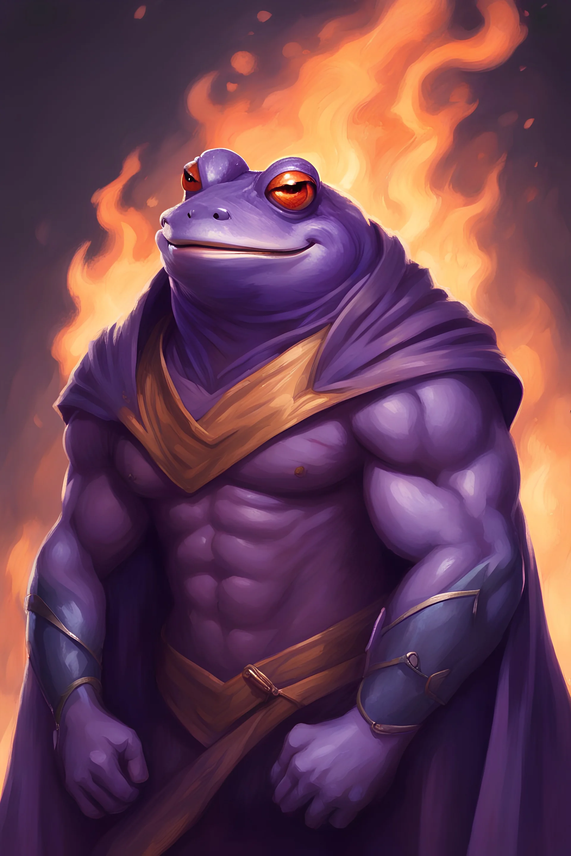 a fire made cloak wearing strong purple frog in a muscular man shape confidently smile