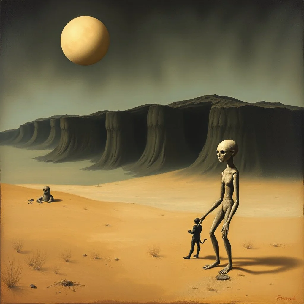 out of proportion, surreal landscape of an embalming biomorphic puppet osmosis, by Yves Tanguy and Aleander Jansson, oil painting, disaffected perspective disorder,, minimalism, by H.R. Giger