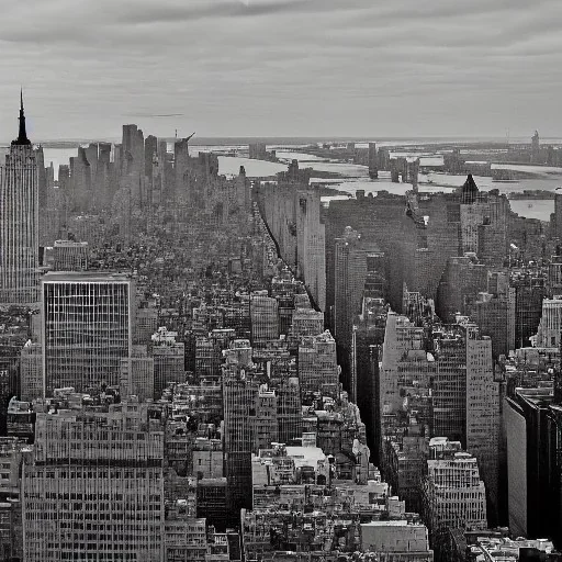  View of New York from afar in black and white after a nuclear omb with a banksy grafitti of a bleeding rat in red