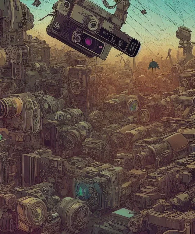 Camera., concept art, hyper detailed, asaf hanuka, dan mumford, kilian eng, post-apocalyptic, oil on canvas