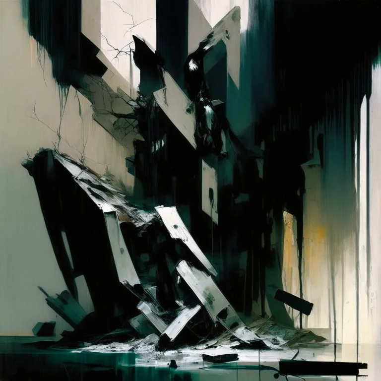 A dark abstract minimalist painting of Lebbeus Woods brutalist concrete bodies.. In the style of by Ashley Wood and Justin Mortimer. Large oil brushstrokes