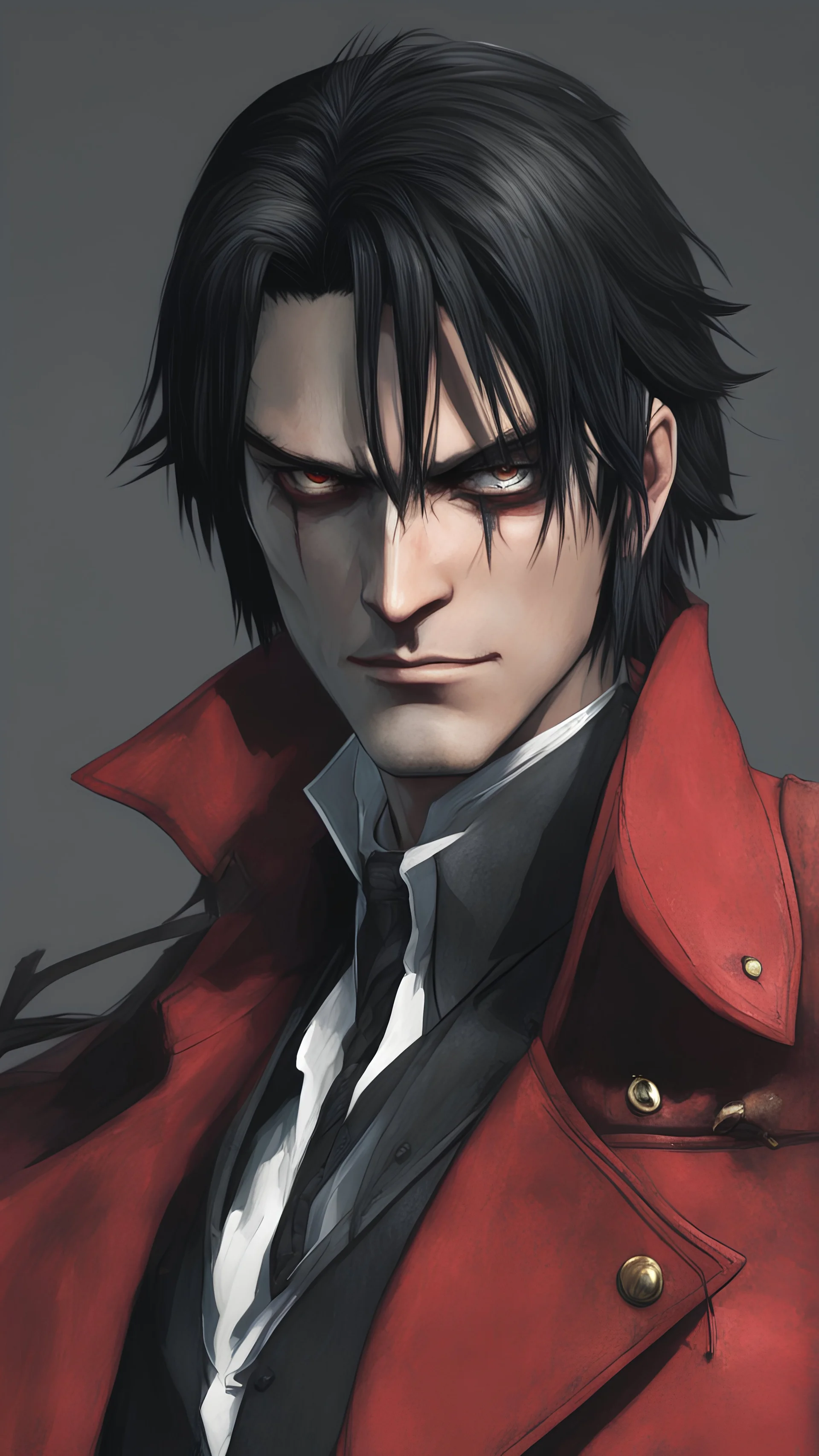 10k resolution, unreal engine 5, hellsing, Vampire Alucard smirking, black hair, red coat
