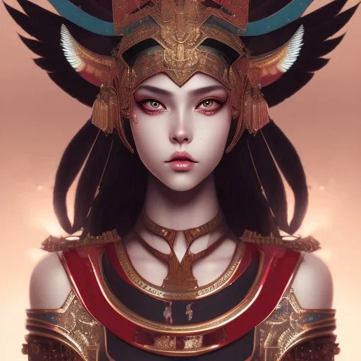 cute girl, egypitan head dress, red body suit. intricate details, full body portrait, keep head in frame, big , black Japanese motif, concept art, highly detailed, digital painting,