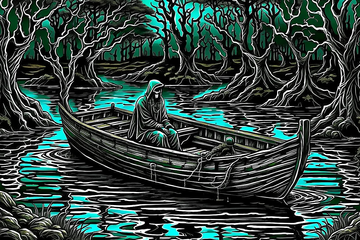 on the dark river in a boat the crepy boatman is the death goes for the souls of the dead people, surreal style, dark colors, strange landscape, detailed, sinister, depressive, surreal style crepy stunning