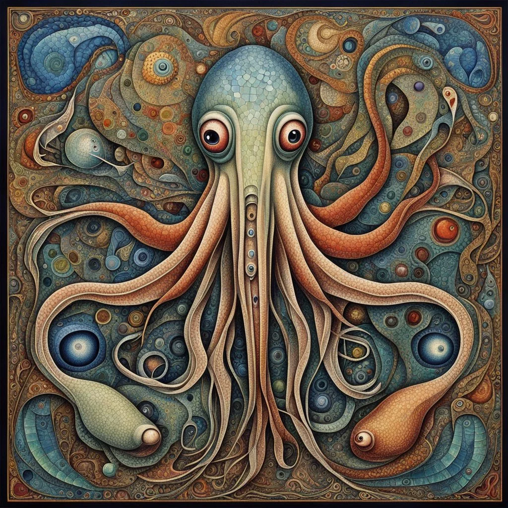 pronounced mosaic textures, Enhanced surrealism, weirdcore aquatic squid contrivance, unregulated absurdity, by Desmond Morris and Max Ernst, mind-bending neo-surrealist image, surreal mosaic art,