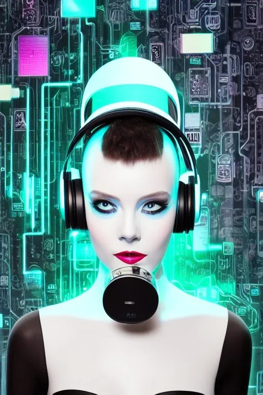 Post-apocalypse. anti-technology. Technological singularity. Fake smile, camera-eyes, cables, selfies, 3D-tiles background, lighted shelf full of heads, cyber-punk full-mask. Lay figure woman with plastic milky, plank skin, no head. Haute Couture 90's. Light from right. Silver, black, Cyan. Big AKG headphones. Golden rings and discs. Thick tights, Thick calves, Curved fell, Wide hip. Two torsos are growing from the long tippet of earlier torso. Torso fractals. Outer most head, blinking one eye.