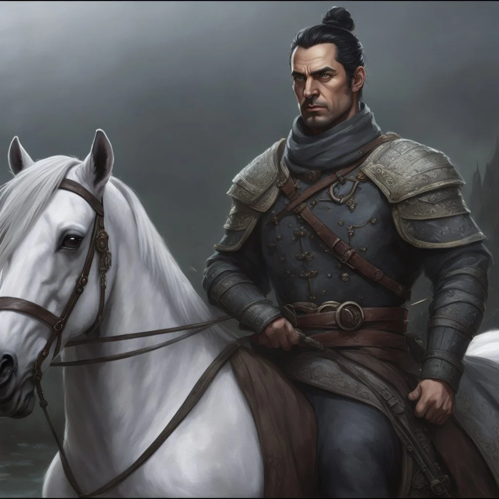 A 40 year old mercenary in a battle jacket and travelers cloth. He is riding a dark gray horse. He is tall, slim, has a sharply cut face. black hair, short ponytail on the top of his head. Perfect eyes. Perfect hands. Perfect feets. Glows. fantasy setting. A river ford in a wood. concept art, mid shot, intricately detailed, color depth, dramatic, 2/3 face angle, side light, colorful background. Style of Frank Frazetta