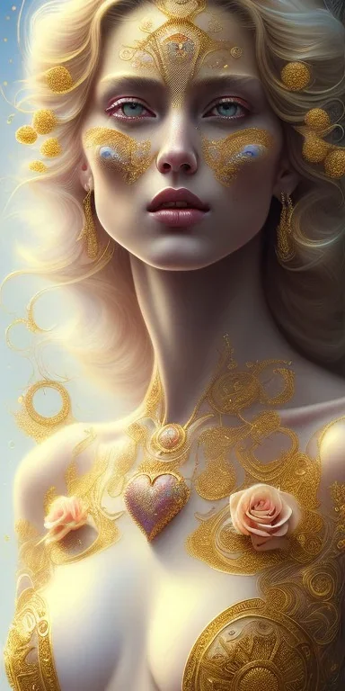 ultradetailed beautiful portrait painting of love Aphordite with short flowing golden hair and sharp piercing gaze of deep grey eyes, alluring beauty, smiley lip, wearing diamond-jewels, roses, ultra ornate, gold leaf deatils, wearing white dress, by conrad roset, greg rutkowski and artgerm, trending on artstation