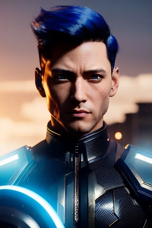 Male Cyborg anime warrior, dark blue hair, ponytail, blue eyes, waist up portrait, 8k resolution, intricate details, ornate details, soft lighting, vibrant colors, retroanime, masterpiece, intricate eyeliner, dark eyeshadow, eyes, futuristic cityscape background