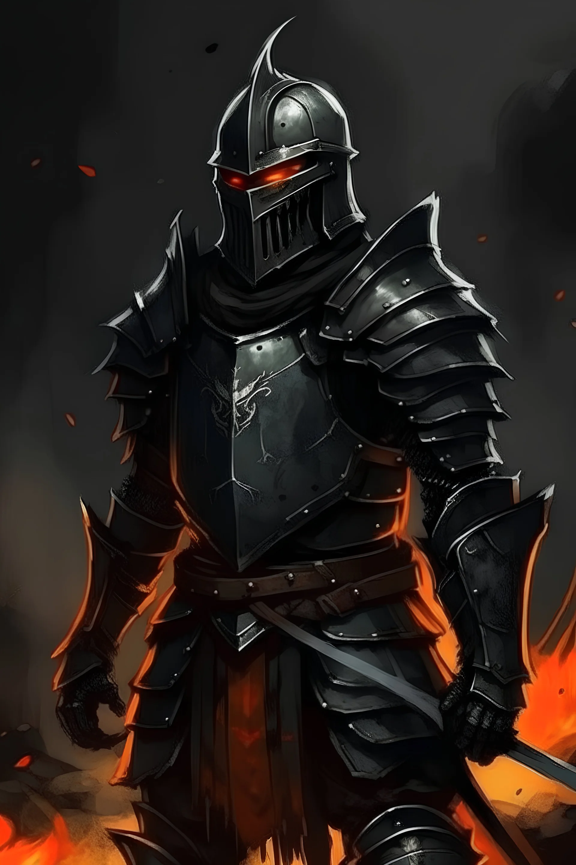 make a painting of a knight in black fire armor in the style of dark fantasy comics, the knight wears no helmet and is Lancelot