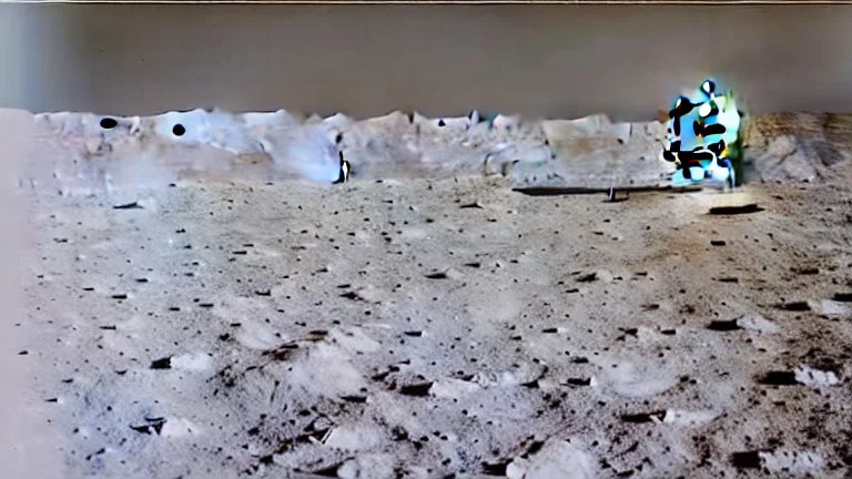 A Tesla semi-truck is parked on the Moon, at the landing site of the 'Apollo 11'. CINEMATIC. WIDE ANGLE LENS.