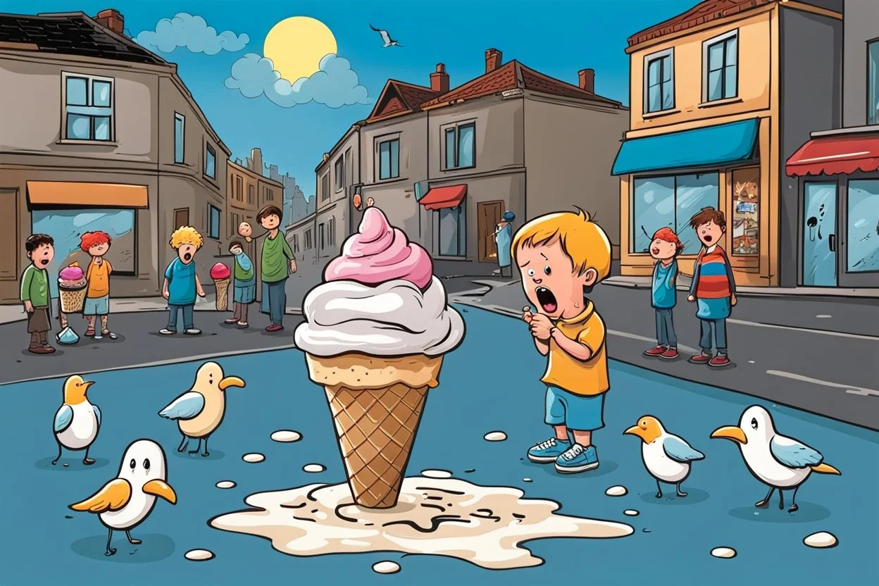 Fallen Ice-cream on the street in comic, caricature style, a dropped ice cream melting on street ground. Over standing a howling, crying little boy with big head. In backround adults with scared faces, people, funny birds. whimschical, detalied, funny comic picture