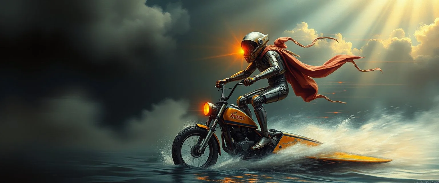 master oil painting by Rembrandt, viggo sandvik as insane eel wild ginger robot on surfboard boat motor trike , goa trance glitch poster, background motion blur, volume fog with light rays, jesus clouds