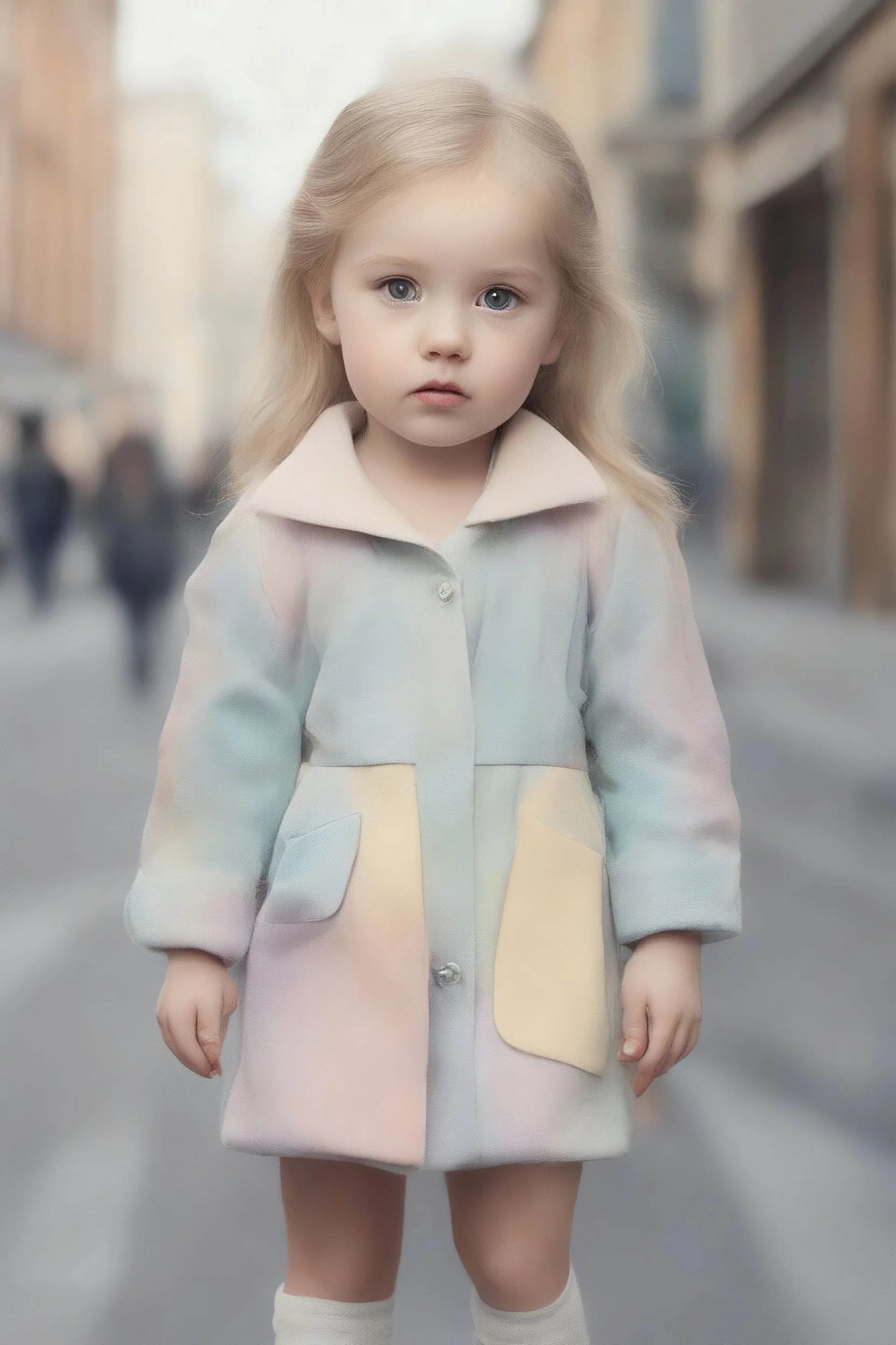 Illustration of fashion model vlada roslyakova as toddler,,, in the street ,, style of Marcel Marlier, pastel colors