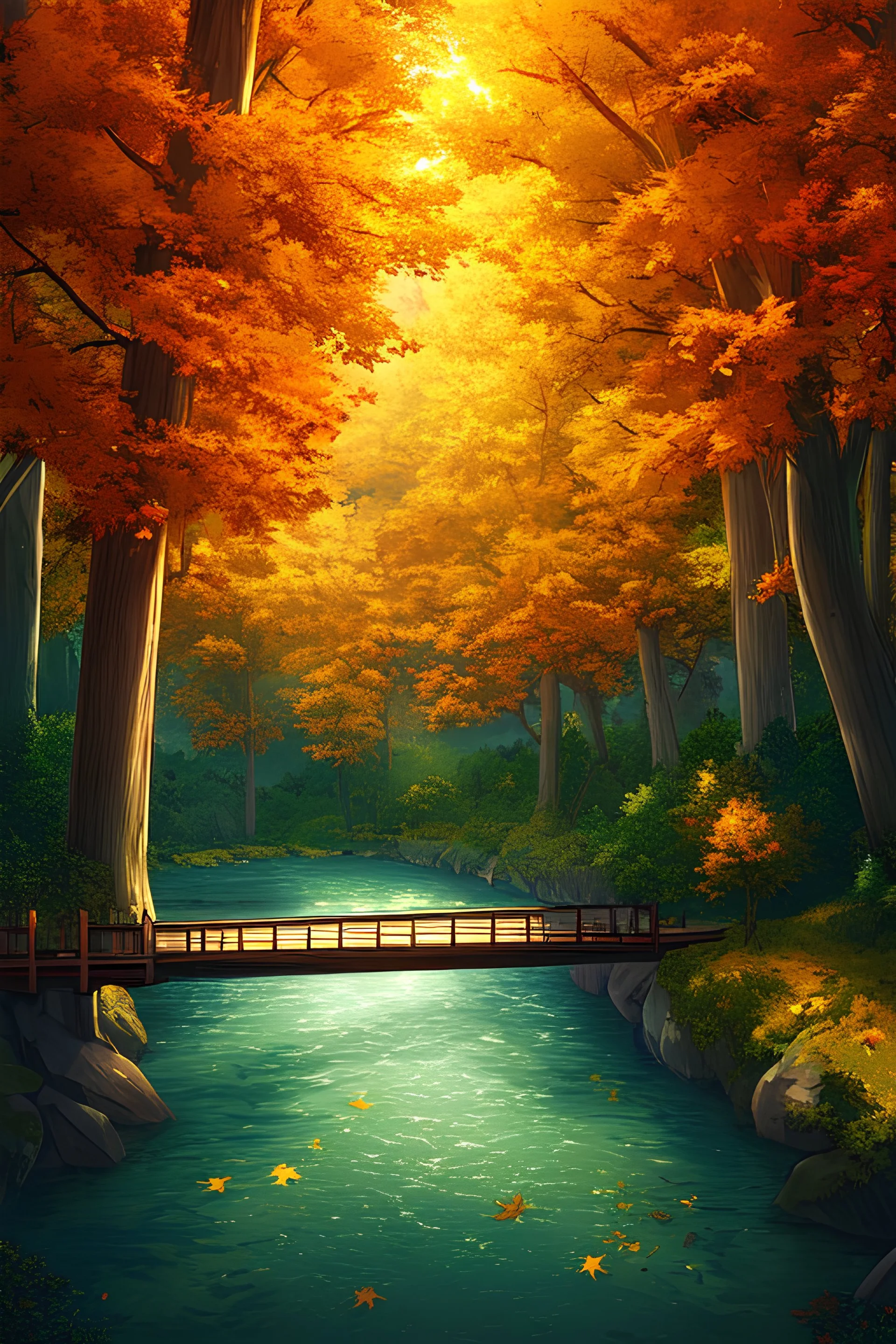 In the foreground is a wooden bridge over a river, in the background is a park with plants and trees, leaves are falling from the trees, the season is autumn, without people, anime style