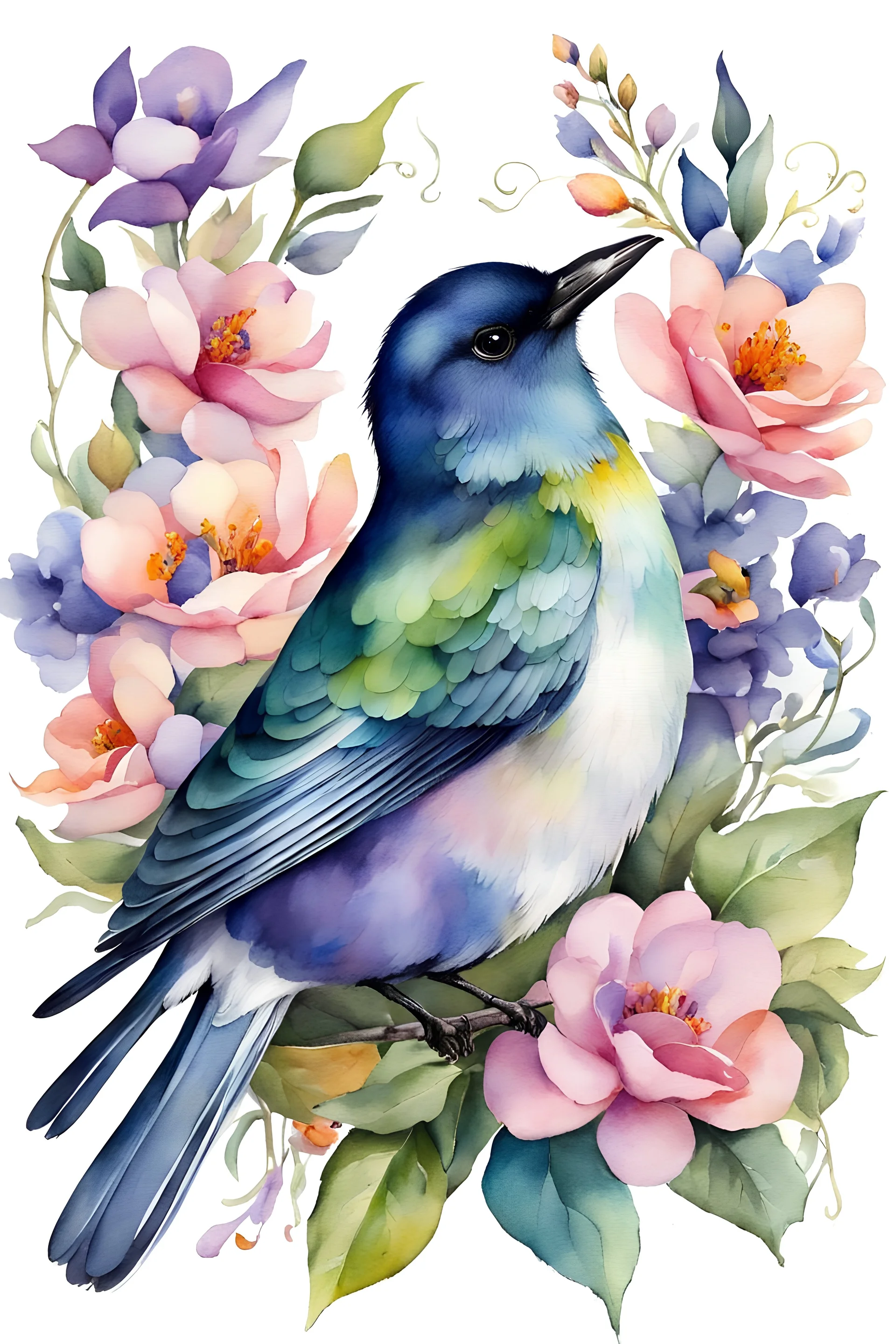 Watercolor, flowing art, pastel, delicate colors, colorful musical notes and flowers, satin, stilizyed, silk, in the middle a realistic Highly detailed watercolor illustration of a bird sitting on a housebird portrait