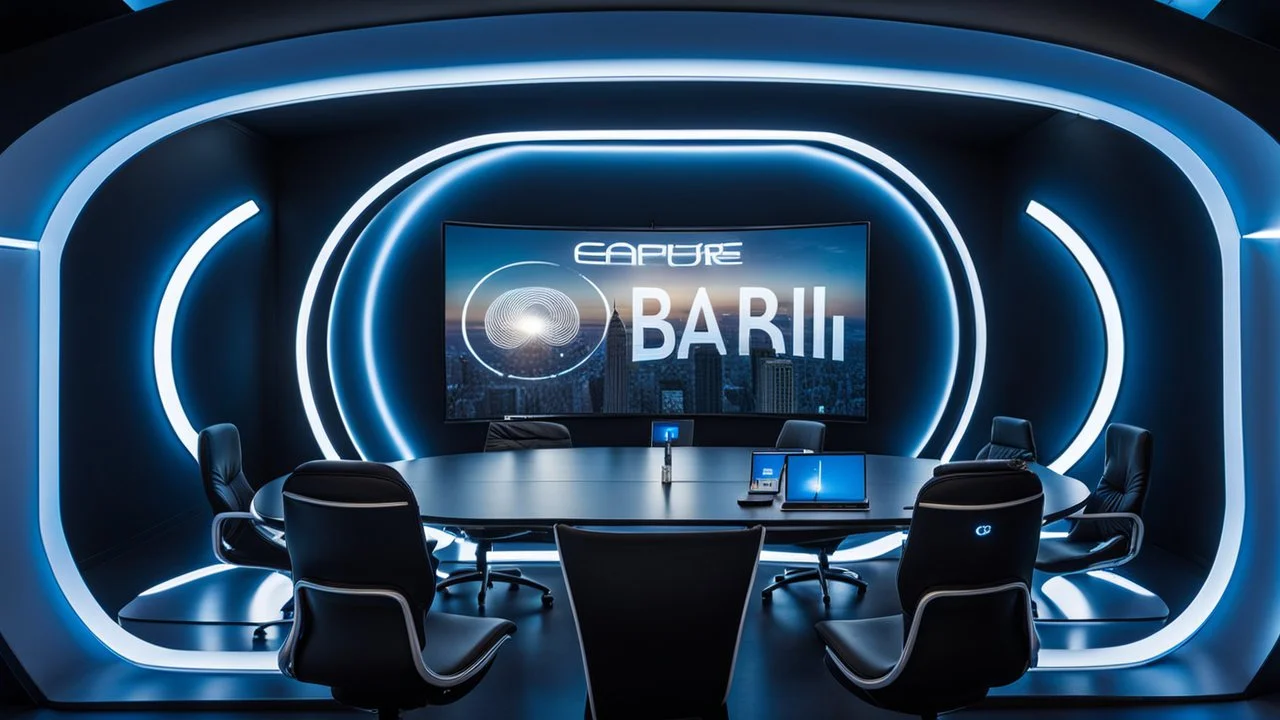 photo from a black producer chair siluette in a futuristic cybertech studio, around many monitors and circle windows to the sky, the inscription capture word text on the back of the chair "Barbi", Professional photography, bokeh, natural and blue-white lighting, perfect shot, sharp focus, professional photo