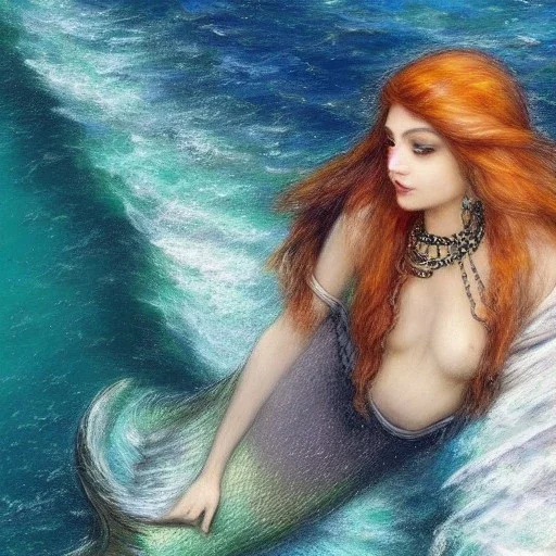 A beautiful portrait of haifa wahbi as a mermaid , leaning on a ships deck ,Rough sea in the background, (digitall art by Eugene de Blaas and Ross Tran, vibrant color scheme, highly detailed, in the style of romanticism, cinematic, artstation best quality, realistic lighting, masterpiece portrait, details light dusting , cowboy shot from above, simple chain hauberk Vector art digital illustration 3D shading )