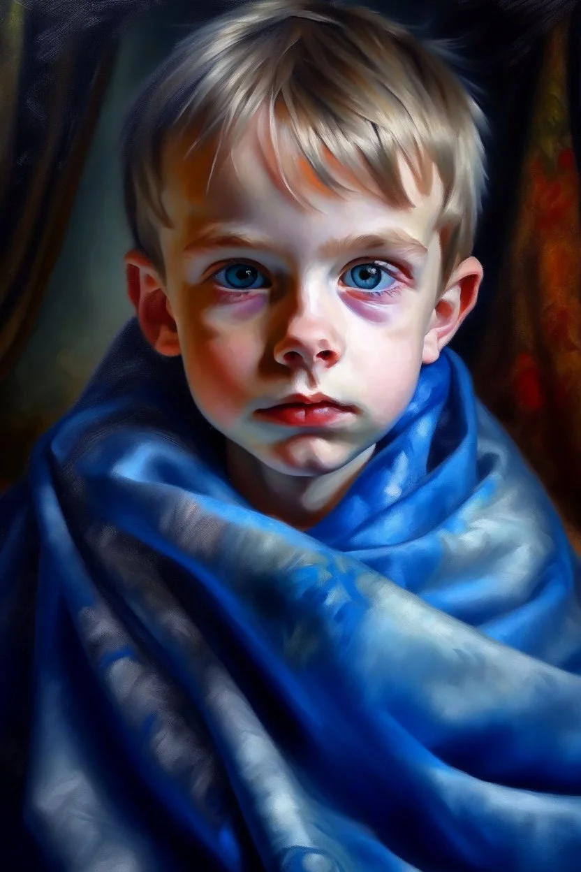 oil painting portrait of metallic slightly cute smirking innocent blue eyed vampire on a towel, bokeh , high detail, smooth render, prize winning, down light, depth of field, aura