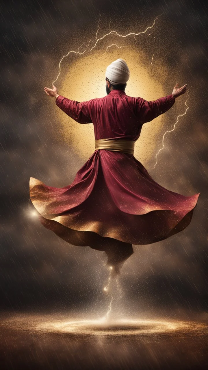 Hyper Realistic Sufi Whirling with Golden & Maroon Islamic Sufi Rustic Grungy Background with thunderstorm at heavy rainy night