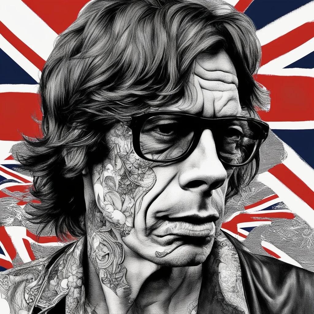 Double exposure high quality ((Replica of the "Tattoo You" Rolling Stones album cover art)) (Black ink Illustration head and shoulders b/w portrait of a 35 year-old Mick_Jagger with slick styled-back hair, three quarters angle, detailed precise maori tattoo all over his face), ((union jack matte background sky)) precise rendering, architectural drafting Modifiers: naive art whimsical