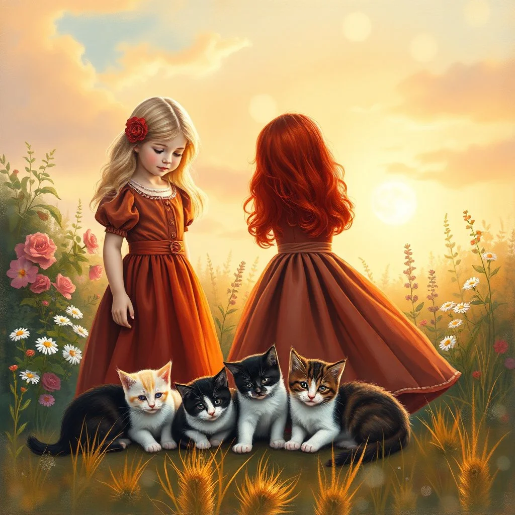 An elegant vertical painting suitable for a children's book cover or poster. Two young girls — one blonde, one redhead — in richly colored vintage dresses stand in a garden glowing with sunset light. Around them, three kittens rest peacefully: black, white, and ginger. The background shows softly glowing sky, flowers, and golden grass. The top third of the image is softly faded with light bokeh, creating space for a Hebrew or English title. The texture includes brush strokes, light craquelure, a