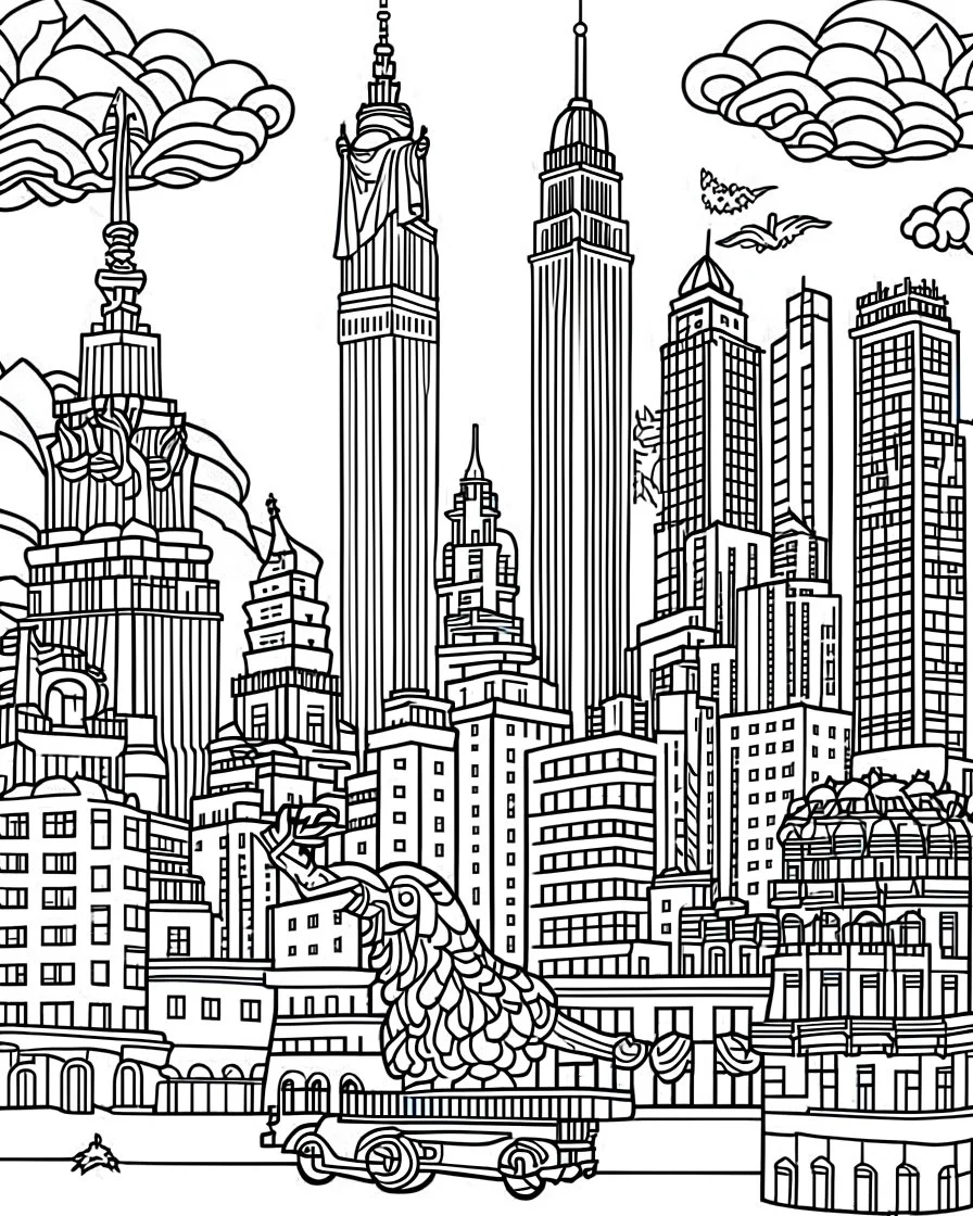 New york city, coloring page, full body (((((white background))))), only use an outline., real style, line art, white color, clean line art, white background, Sketch style.