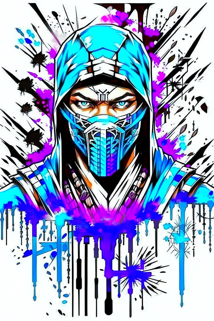 Sub Zero from Mortal Kombat, ink artistic conception, with typography elements, abstract, complementary colors, simplicity, Chinese painting, white background, 8k,