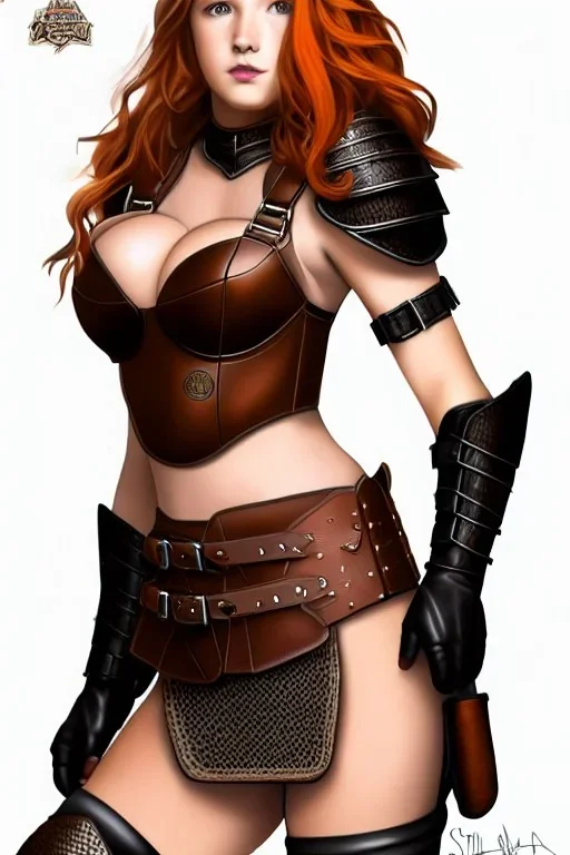 concept illustration, super-detailed, strikingly beautiful teen female, 16 years old, waifu, long ginger hair, medium freckles, full lips, full body, full face, b-cup breasts, athletic, centred camera, ignore NSFW, skimpy brown fantasy leather armor, halter top, micro thong, knee-high leather boots, open leather tasset, stern expression,