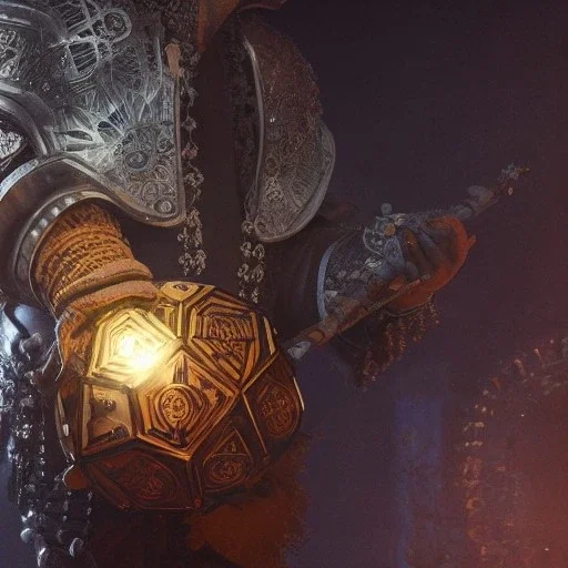 Insanely detailed photograph of an “ armored male mariachi holding glowing D20” with intricately detailed Sombrero, intricate charo, hyperdetailed painting by Ismail Inceoglu Huang Guangjian and Dan Witz CGSociety ZBrush Central fantasy art album cover art,8K, hdr, mysterious, flickeringlights ,Stoic