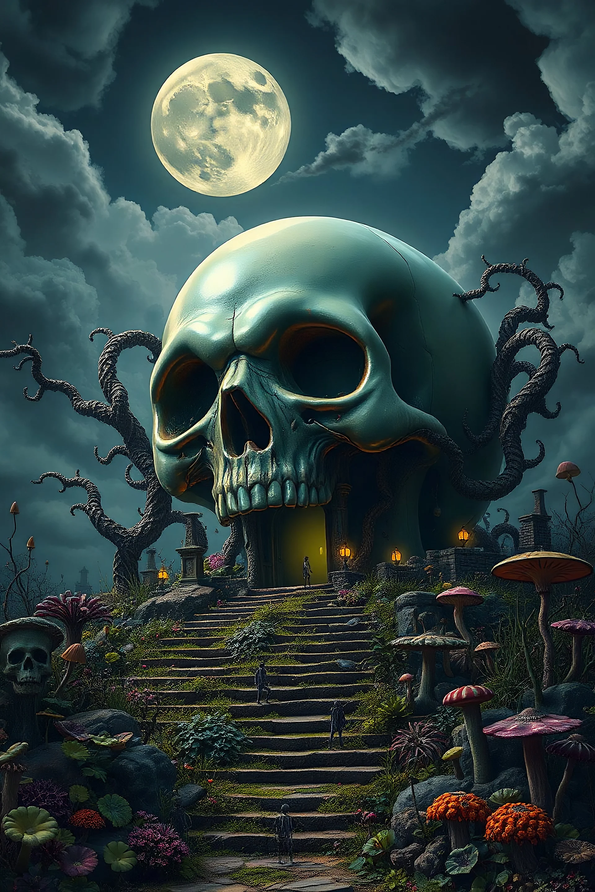 A surreal landscape featuring a massive skull-shaped glossy structure resembling a decayed house, surrounded by twisted vines and glowing head skull. Steps lead up to the entrance, with small humanoid figures scattered throughout a dense, eerie garden filled with unusual plants and fungi. Overhead, a large, ethereal moon illuminates the scene, while stormy clouds loom in the sky, adding to the ominous atmosphere.