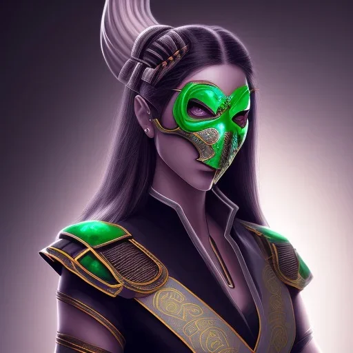 jade, mortal kombat, face, mouth open, white clothes, emerald ninja mask, black hair, brown eyes, woman, darker skin tone