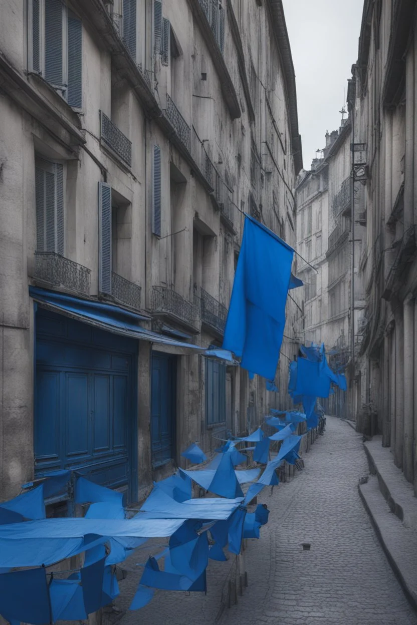Dystopian French city with wmpty streets filled with blue flags