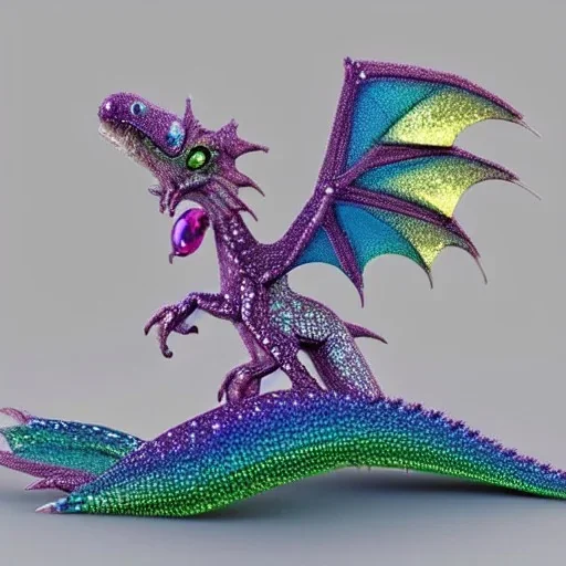 3d charater render of cute, adorable baby dragon made of crystals and gems, glittery scales, iridescent wings, sitting on forest floor, muted rainbow colors, intricate, fine detail, 8k, sharp, crisp, high-quality,