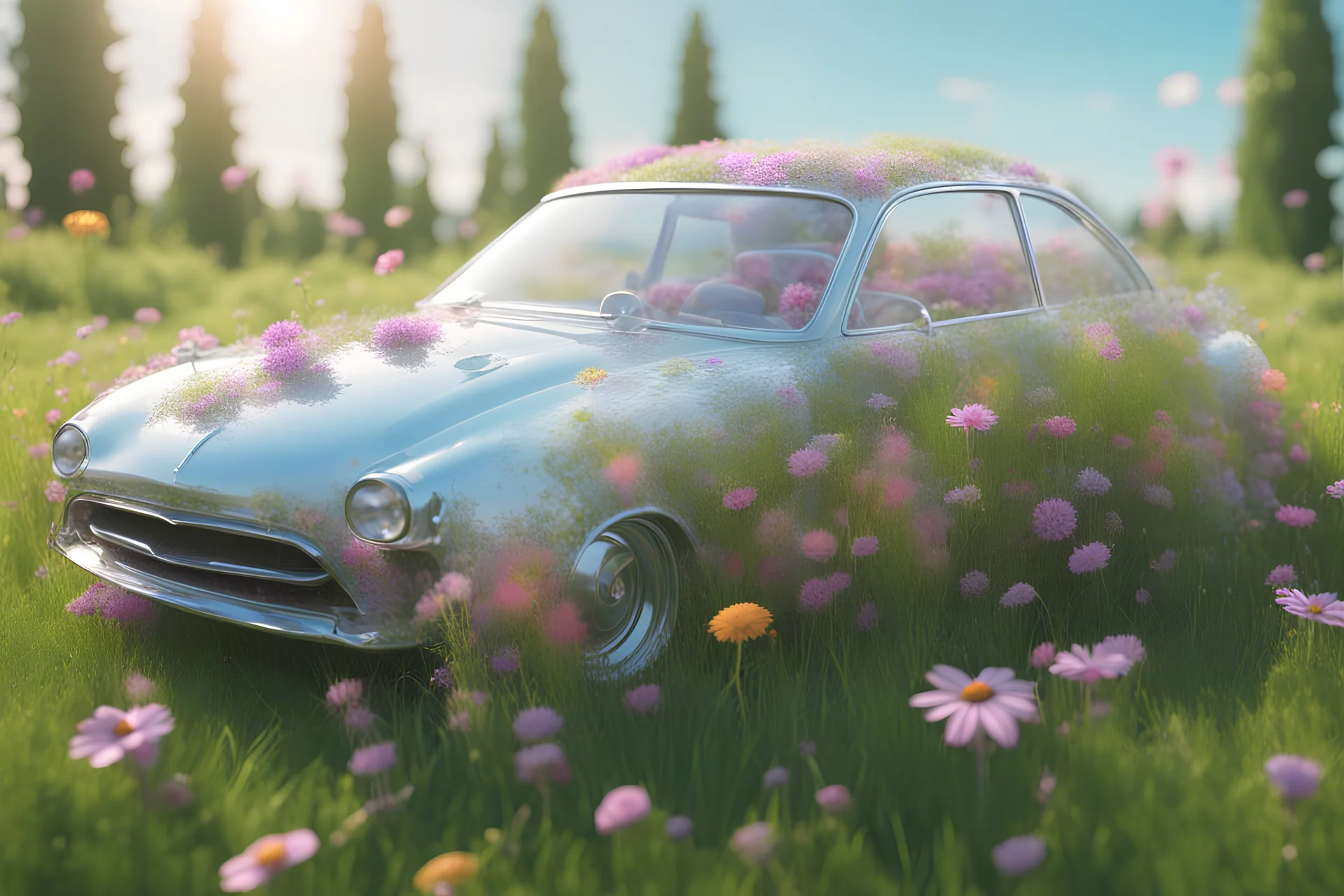 A car in the grass, transparent glass body, 3d render, 4k Flowers in the body.