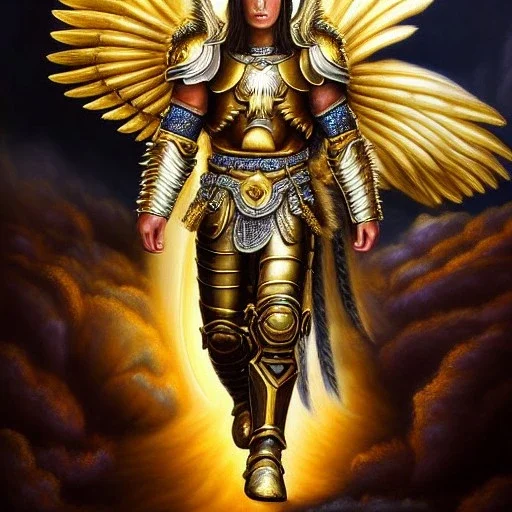 ultra detailed fullbody Portrait in oil on canvas of Warrior with Gold pegasus Armor ,extremely detailed digital painting, extremely detailed face,crystal clear Big Glowing eyes, mystical colors , perfectly centered image, perfect composition, rim light, beautiful lighting, 8k, stunning scene,extremely sharp detail, finely tuned detail, ultra high definition raytracing, in the style of robert e howard and pablo oliveira and Ken Kelley and Ohrai Noriyoshi and Simon Bisley and tom