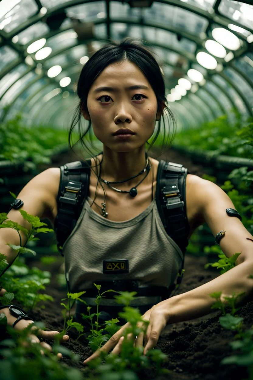 Unground solar punk tunnels, cinematic, dof background a, dystopian, sci-fi, award winning, Yui in a garden, National Geographic, breath taking, oxygen farm