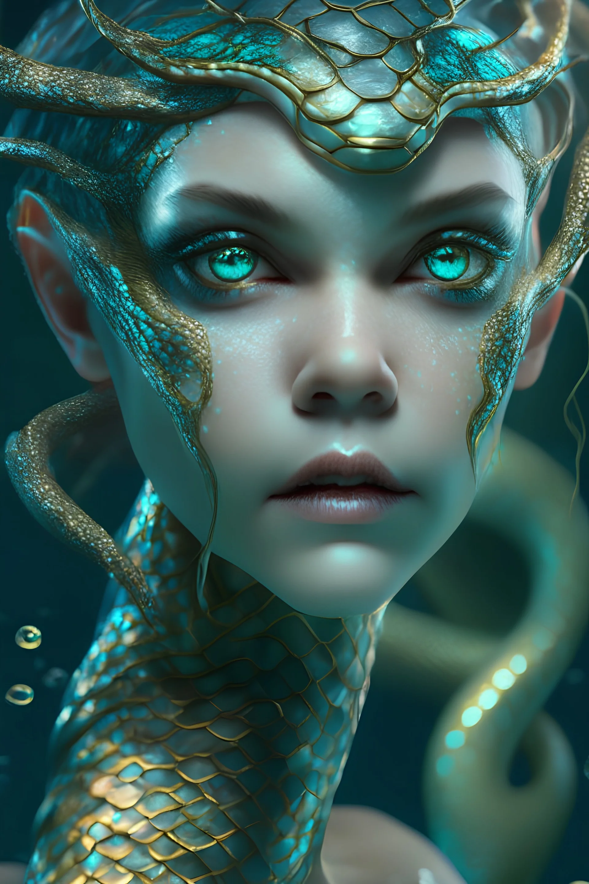 Aquatic Fairy female snake ,octane render, 8k, high detail, android, portrait, metallic