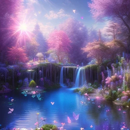 cascata, LAGO BLU, fate, farfalle, SWANN, fiori, alberi in fiore, cielo rosa blu, pieno di dettagli, sole liscio e luminoso ， atmosfera di luce soffusa, effetto luce ， vaporwave colorato, concept art, dettaglio liscio ed estremamente nitido, dettagli finemente sintonizzati, altissima definizione, 8 k, motore irreale 5, messa a fuoco ultra nitida