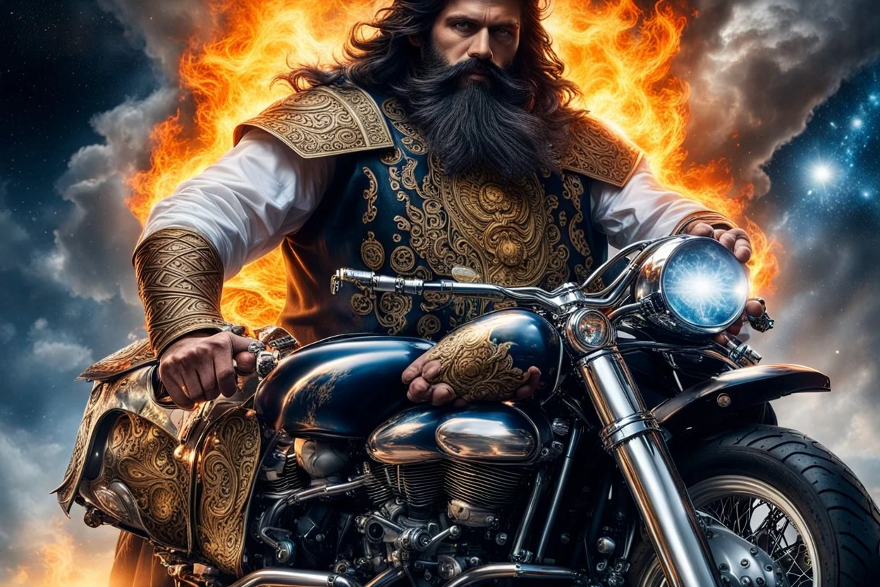 Kebab Man mounted his holy motorcycle, the engine roaring to life with divine power. With a final glance at the celestial realms, he sped down to Earth from heaven, ready to begin his quest. dark beard, flames from the engine