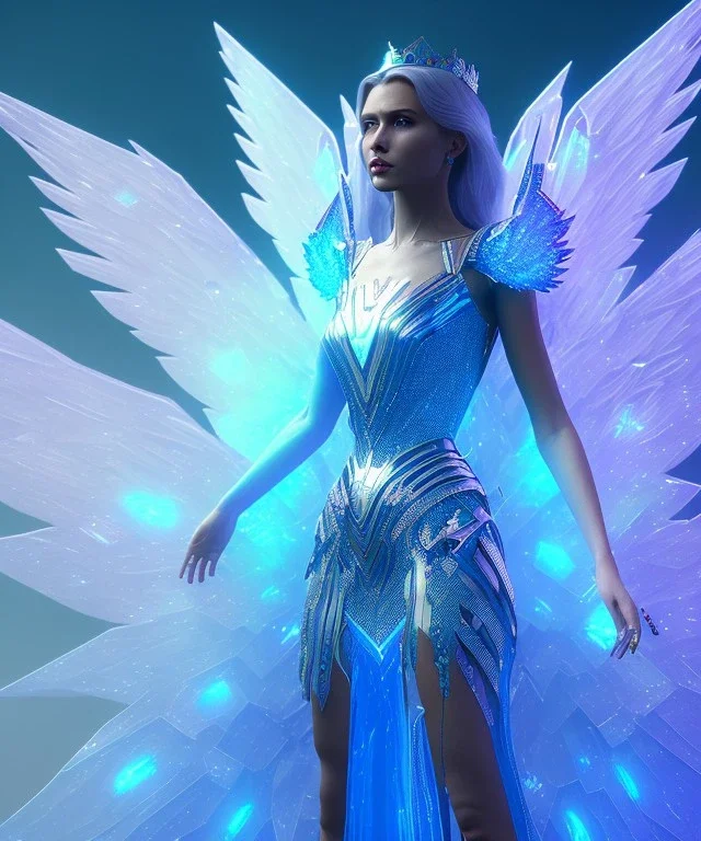 A crystalised queen, atmospheric, realistic, unreal engine, cinematic lighting, octane render. blue, pink, transparency, light, shine,bright, full body, transparent wings, blonde, long hair, nice smile