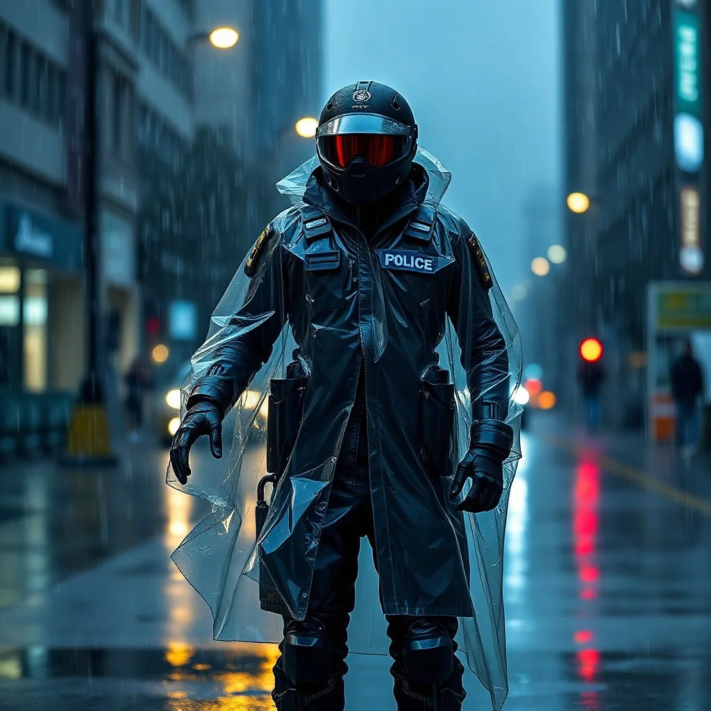 full body color 1920 black policeman with exoskeleton wtih heavy rain transparent coat