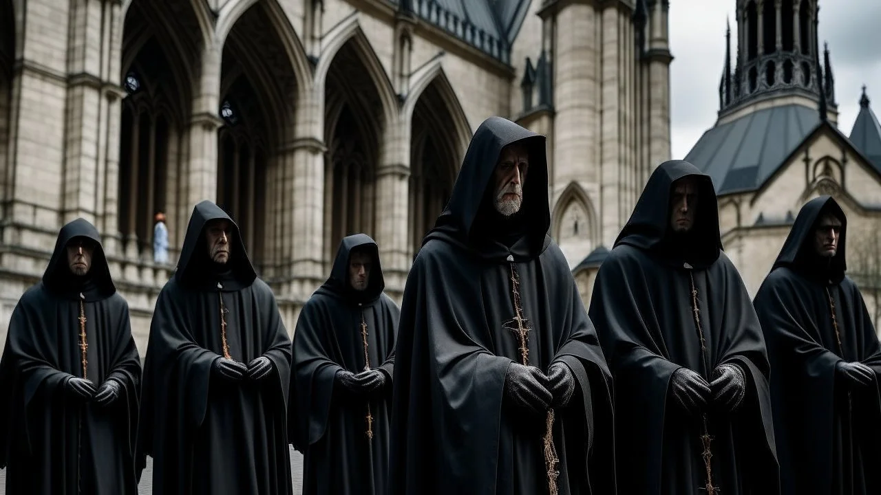 hooded monks in black robes in front of cathedral