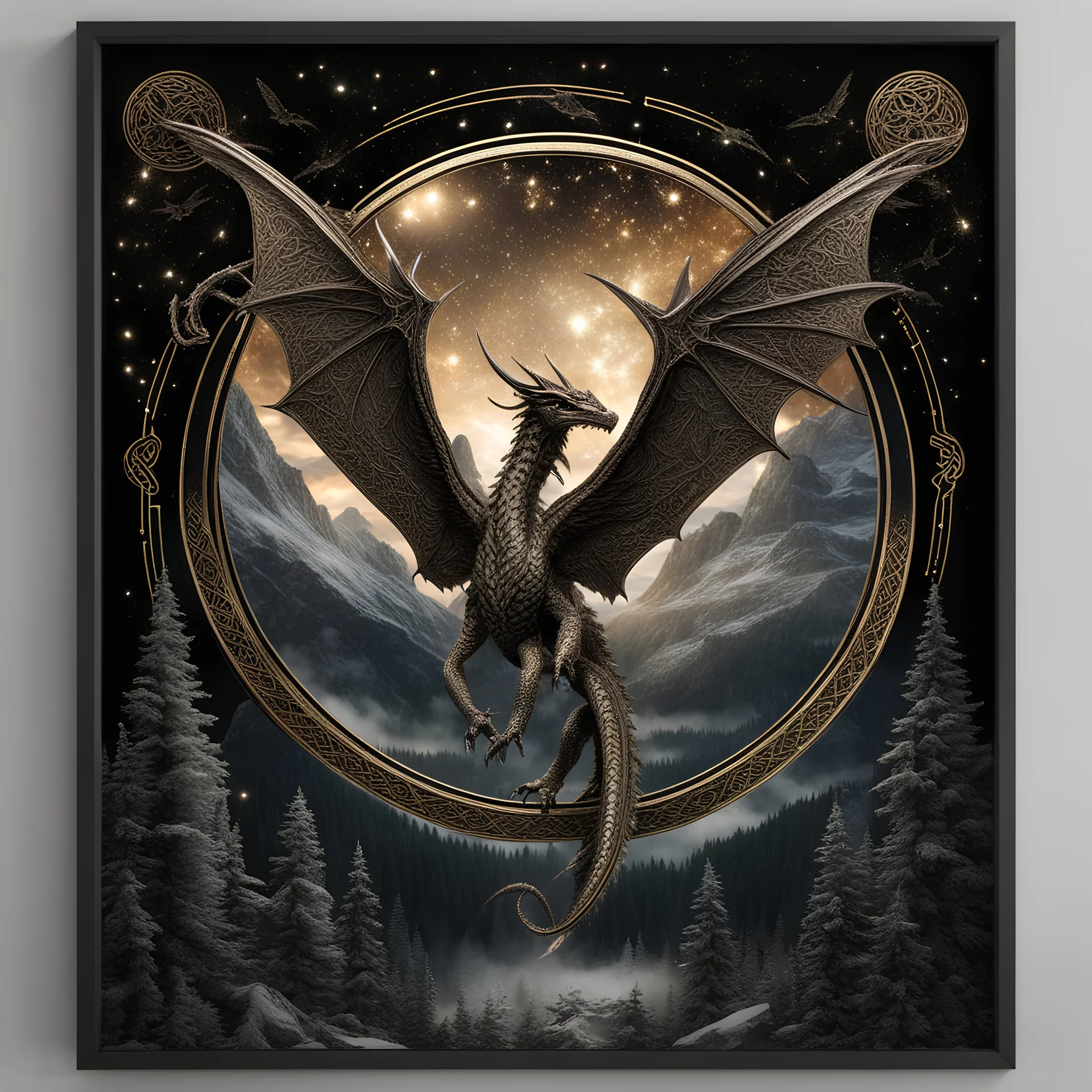 image framed with a thin border of celtic designs, story book cover format, A Skyrim style winged celestial dragon in flight above a forested mountain, against a background of brilliantly glittering stars, hd 4k, fine sharp detail