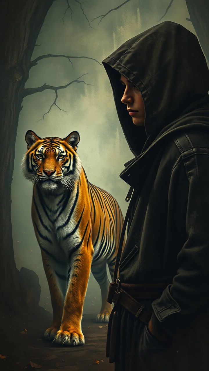 Hieronymus Bosch and Van Gogh styles , a young hooded man , a tiger is standing by looking at you In foggy smoky background