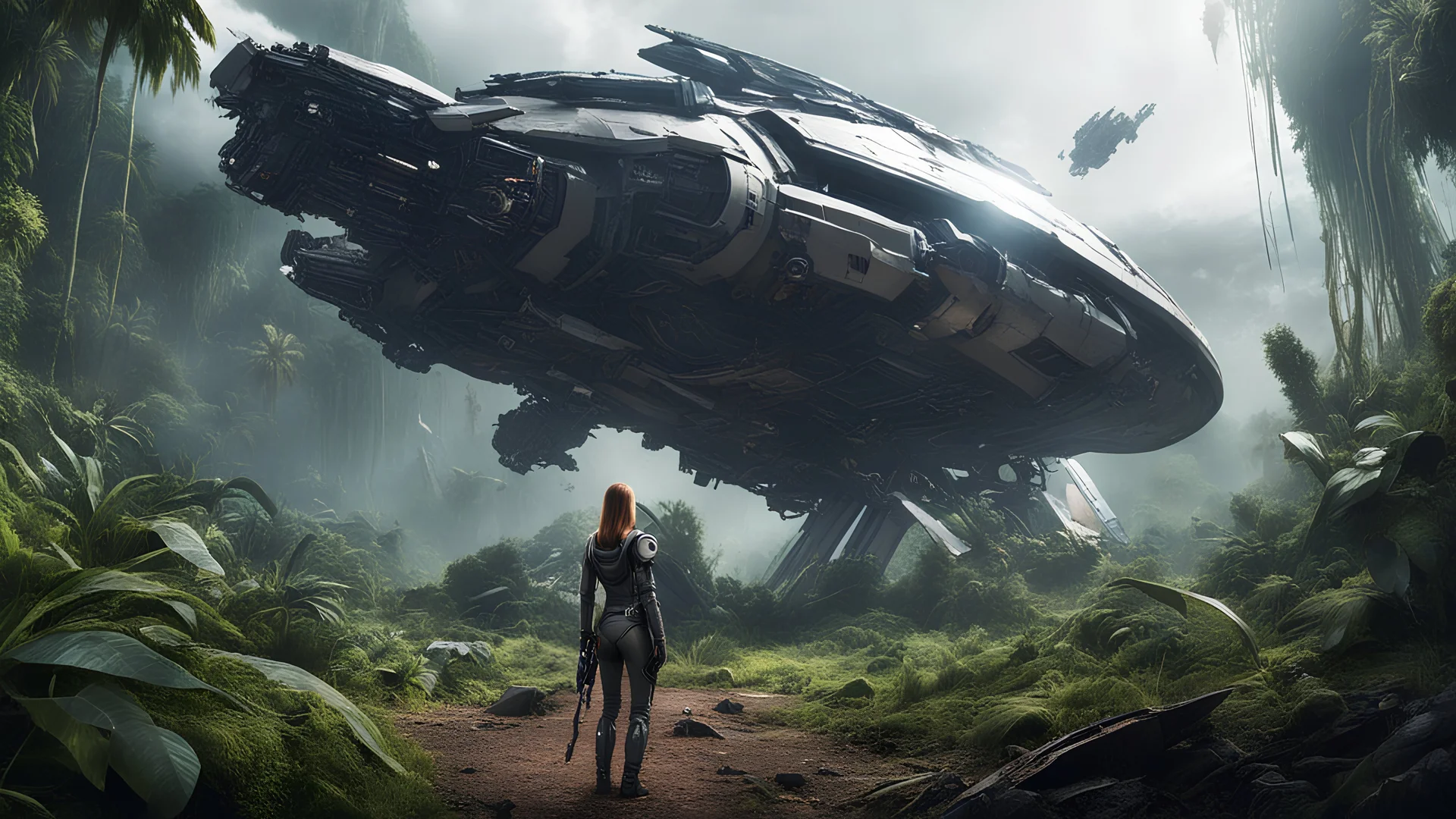 Wide-angle, woman with straight hair, dressed like a robot, with equipment in her hands, next to a crashed spaceship, in a clearing on an alien jungle world