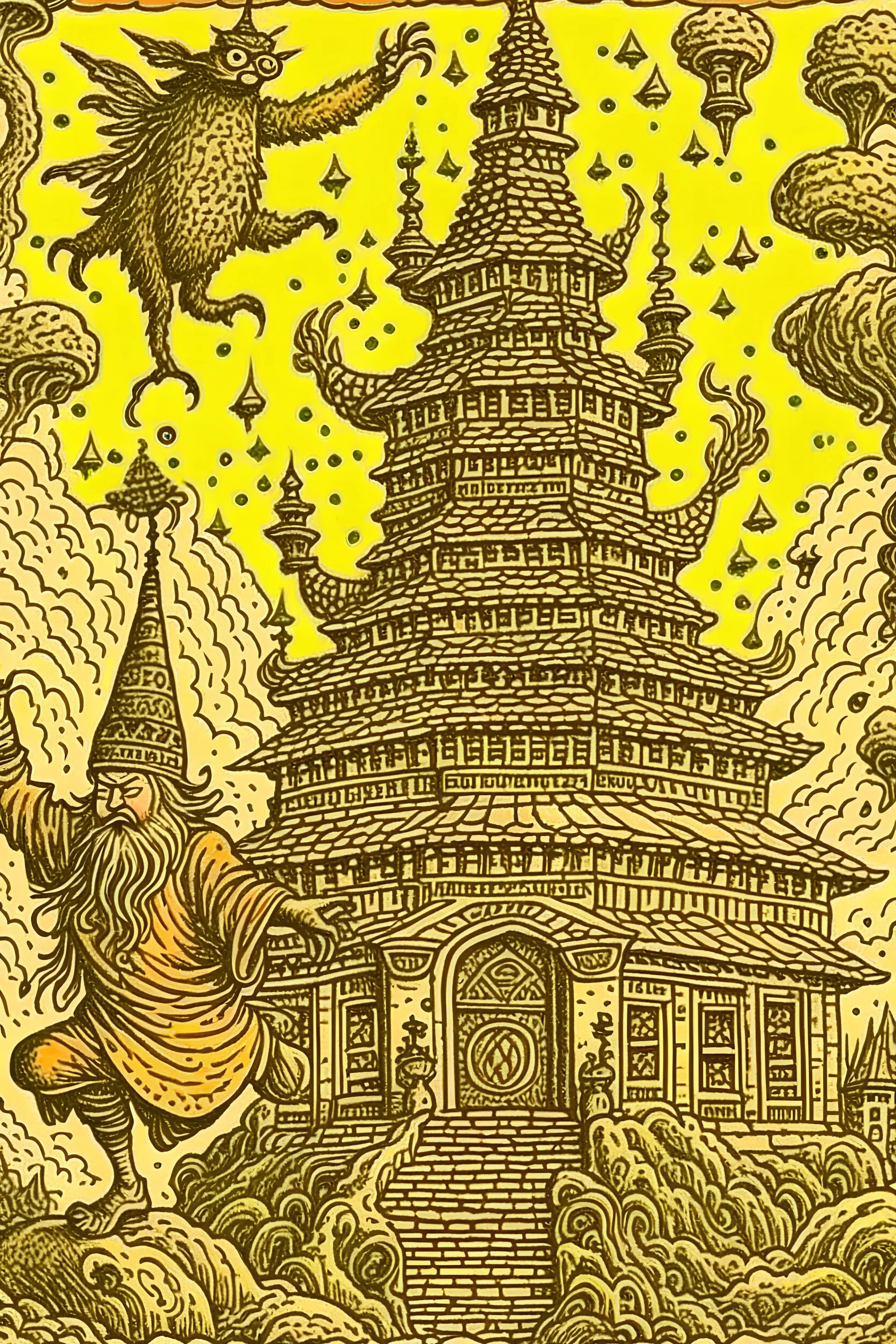 baba yaga flying in stupa, crazy detailed illustration in old school